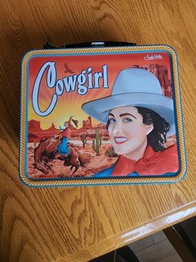 Cowgirl Tin Lunchbox - Retro Red, Blue & White Graphic